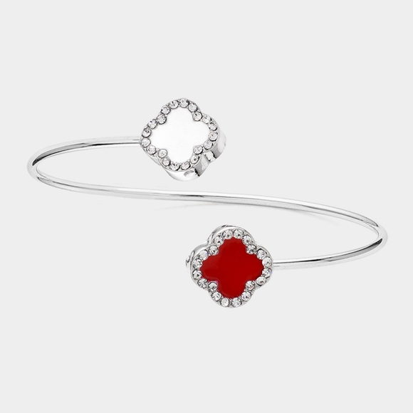 Red White Silver Double Quatrefoil Tip Clover Bracelet Cuff Bangle Two Tone - Picture 1 of 2